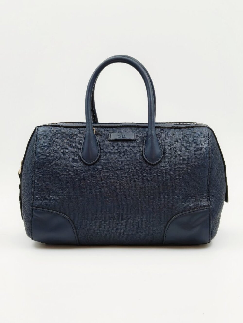 GUCCI Navy Blue Leather GG Embossed Boston Satchel Handbag Italy
